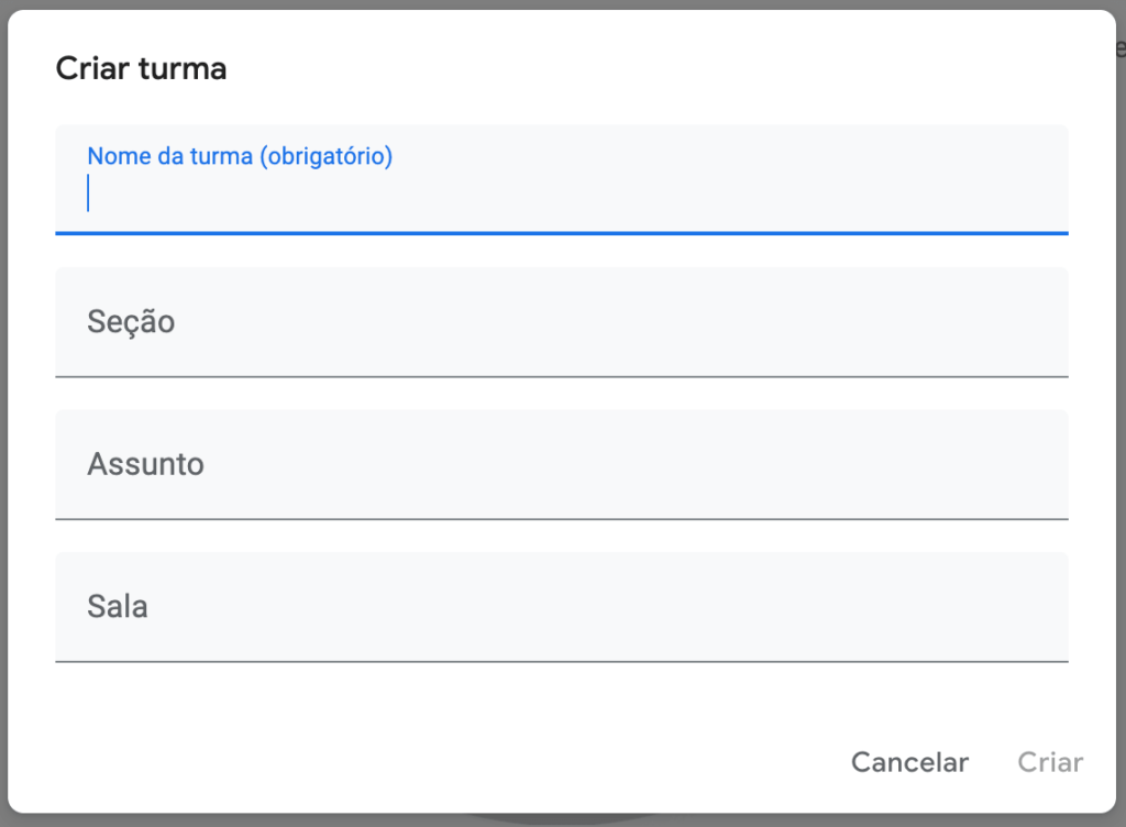 Print com dados necessários para criar uma turma no google classroom, sendo eles:
Nome da turma, seção, assunto e sala.