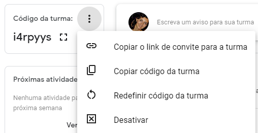 Print mostrando como pegar o código da turma no google classroom.