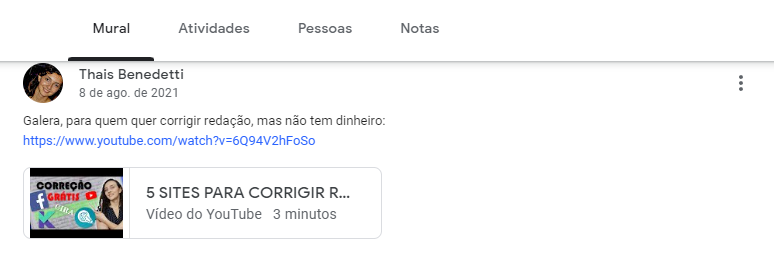 Print com exemplo de postagem no mural do google classroom